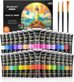 Shuttle Art 30 Colors Acrylic Paint Set, 36ml Tubes with 3 Brushes, Artist Grade Acrylic Paint, for Kids Adults Beginners, Painting on Crafts Canvas Wood Rocks