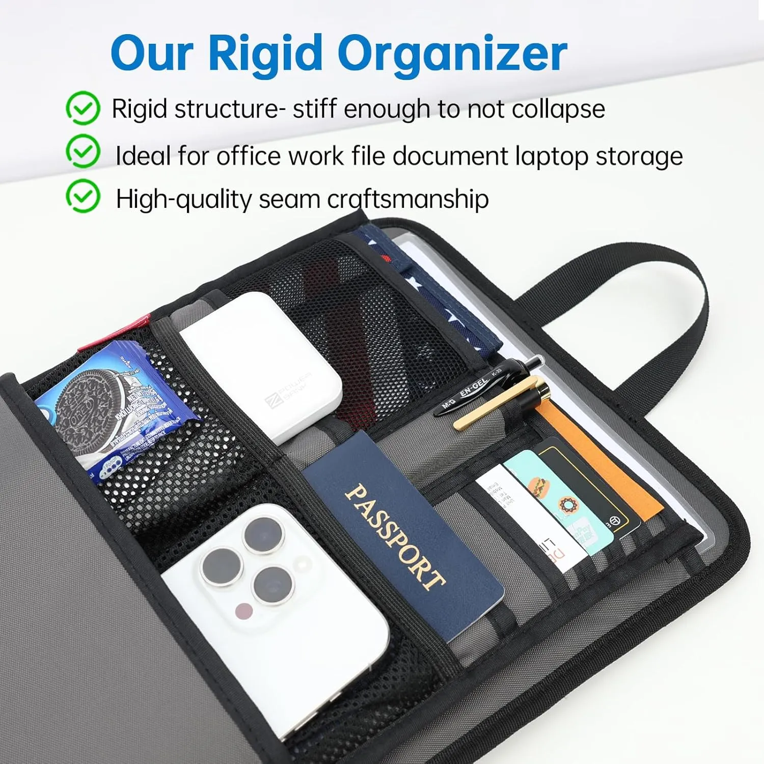 Slim Rugged Backpack Organizer Insert for Travel Work Men Women -13 Pockets,Padded Nylon, Handle - Navy