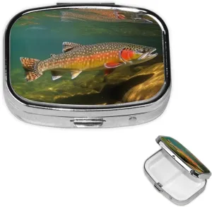Small Pill Case 2 Compartments, Brook Trout Fly Fishing Pill Box Daily Metal Portable Pill Organizer for Pocket Purse Travel Pillbox with Mirror Square Medicine Vitamin Holder Unique Gift
