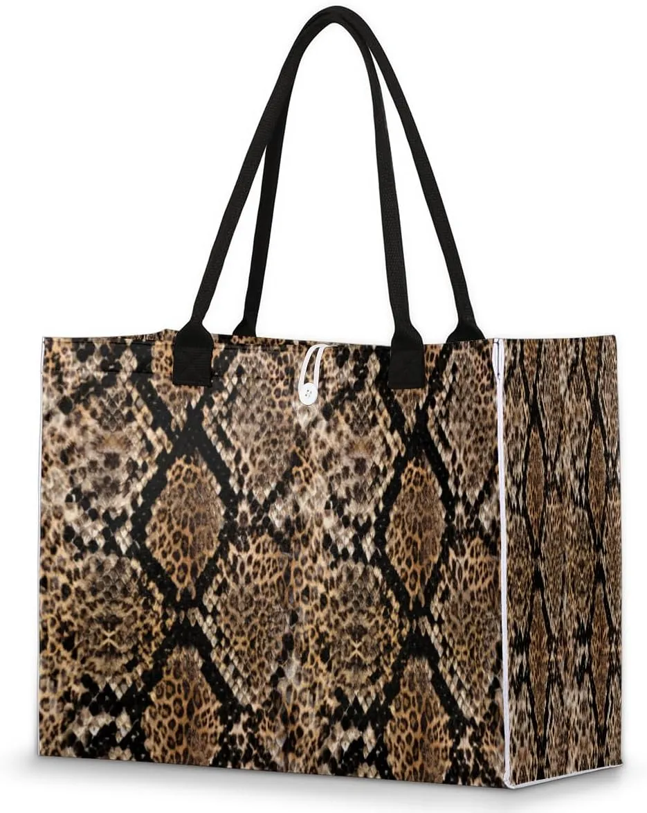 Snake Leather Skin Tote Bag for Women Large Beach Bag Reusable Grocery Bags Tote Bag for Work Shopping Travel Beach