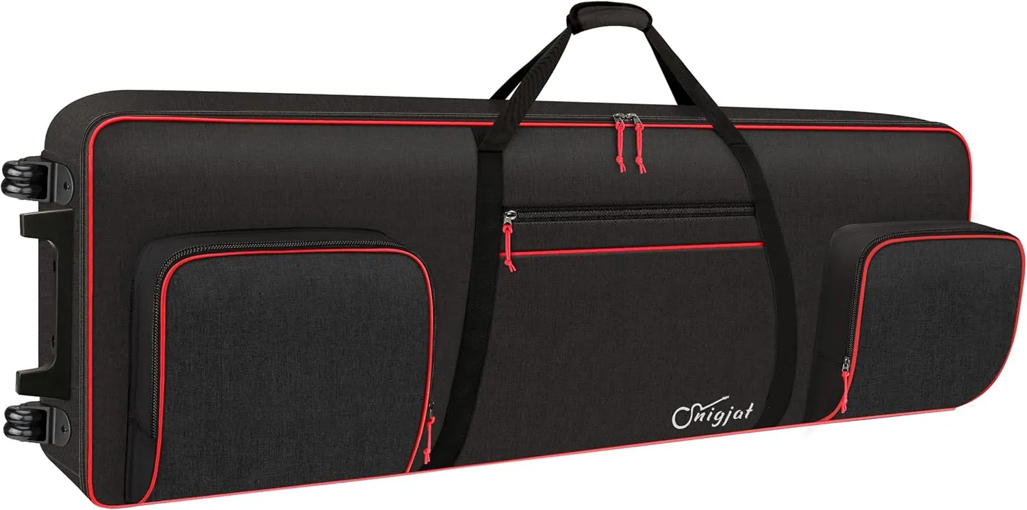 SNIGJAT 88 Key Keyboard Case with Wheels (Interior: 57.2"x18.2"x6.8"), Padded Rolling Piano Case with Adjustable Shoulder Straps and Sturdy Pull Handle, 88 Key Keyboard Gig Bag with 3-Pocket Storage
