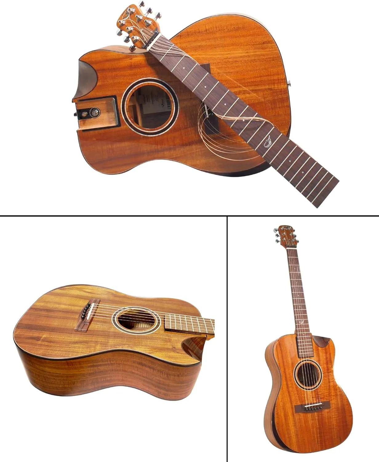 Solid Acacia Koa Travel Guitar – OF882C Traveling Acoustic-Electric Guitar with Collapsible Patented System – Portable Backpack Case (Overhead)