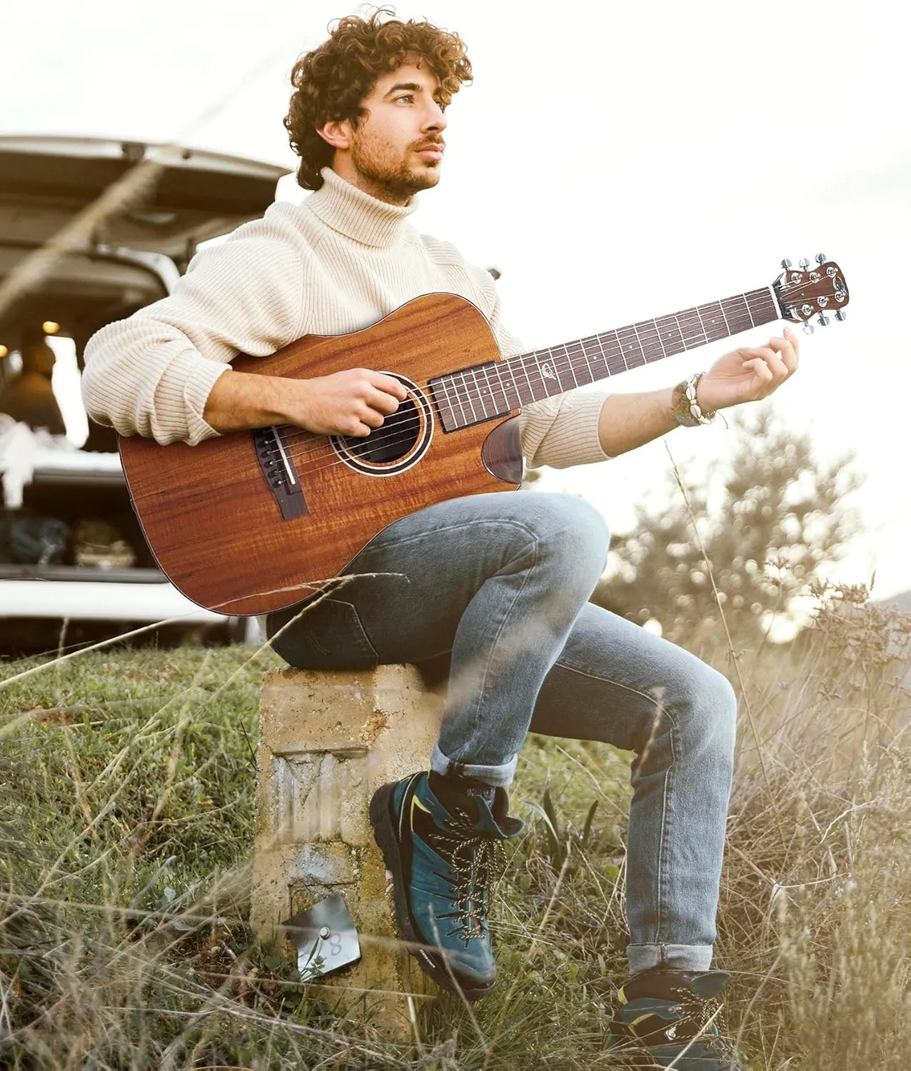 Solid Acacia Koa Travel Guitar – OF882C Traveling Acoustic-Electric Guitar with Collapsible Patented System – Portable Backpack Case (Overhead)