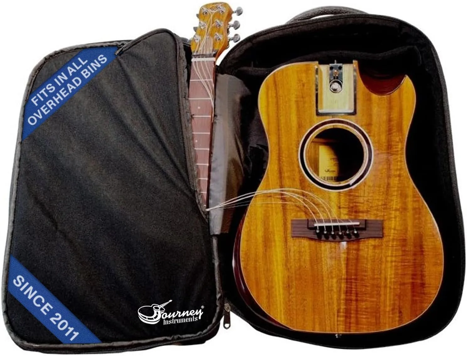 Solid Acacia Koa Travel Guitar – OF882C Traveling Acoustic-Electric Guitar with Collapsible Patented System – Portable Backpack Case (Overhead)