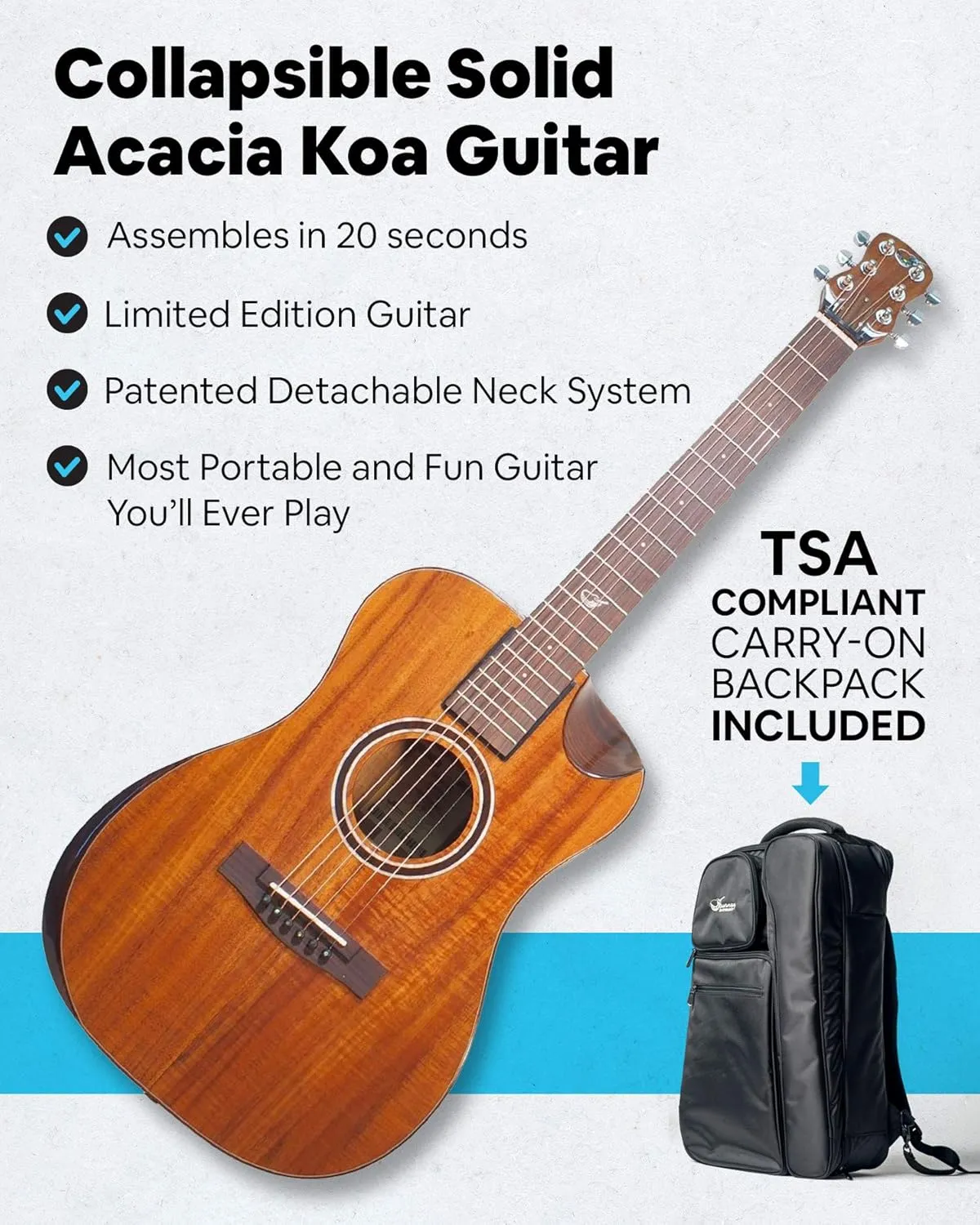 Solid Acacia Koa Travel Guitar – OF882C Traveling Acoustic-Electric Guitar with Collapsible Patented System – Portable Backpack Case (Overhead)