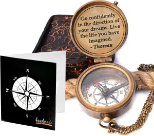 Solid Brass Thoreau's Go Confidently Quote Engraved Compass with Wooden Box, Camping Compass, Baptism & Graduation Gift, Christian Gift for Men & Confirmation