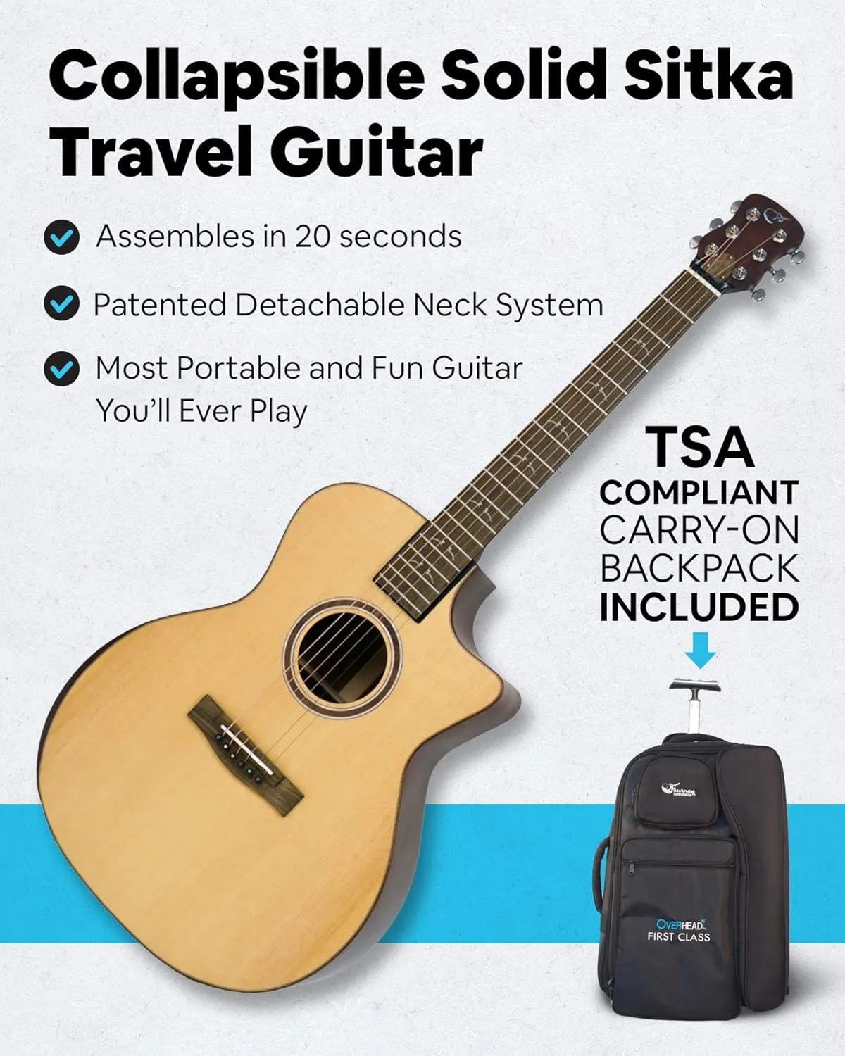 Solid Sitka Travel Guitar – FF422C Traveling Acoustic-Electric Collapsible Grand Auditorium Guitar – Portable Backpack Case