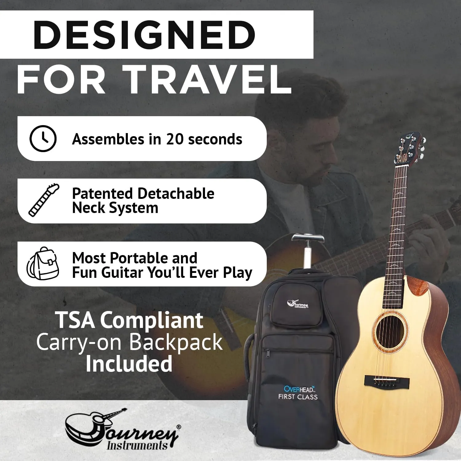 Solid Sitka Travel Guitar – FP412-13C Traveling Acoustic-Electric Collapsible Guitar – Portable Backpack Case (Solid Mahogany)