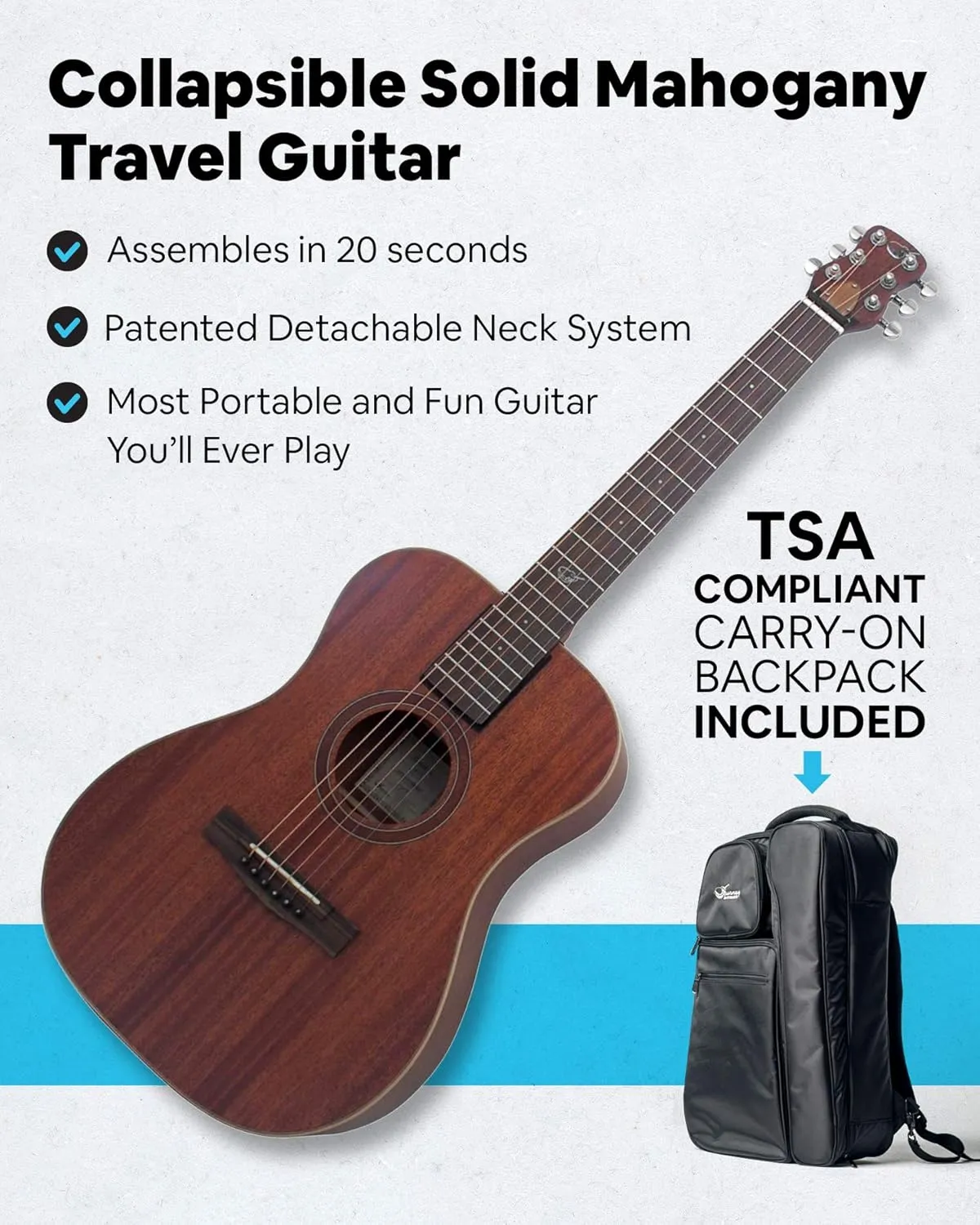 Solid Sitka Travel Guitar – OF312 Traveling Acoustic-Electric Guitar with Collapsible Patented System – Portable Backpack Case (Overhead)