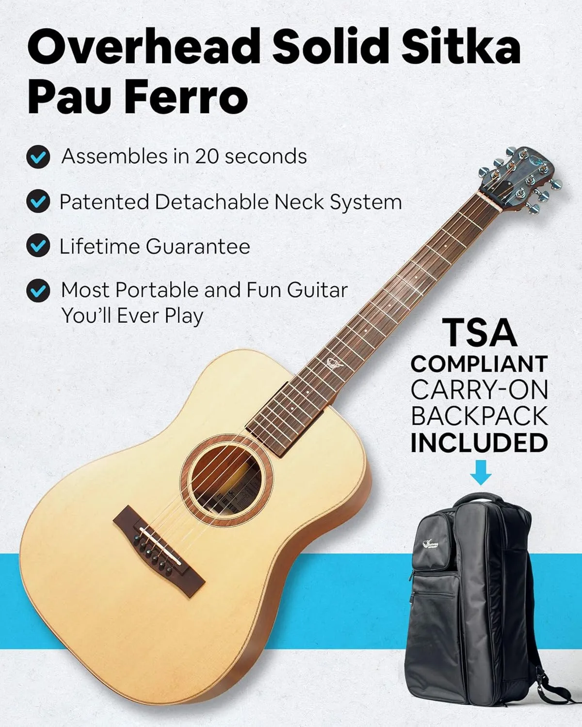 Solid Sitka Travel Guitar – OF422 Traveling Acoustic-Electric Guitar with Collapsible Patented System – Portable Backpack Case (Overhead)
