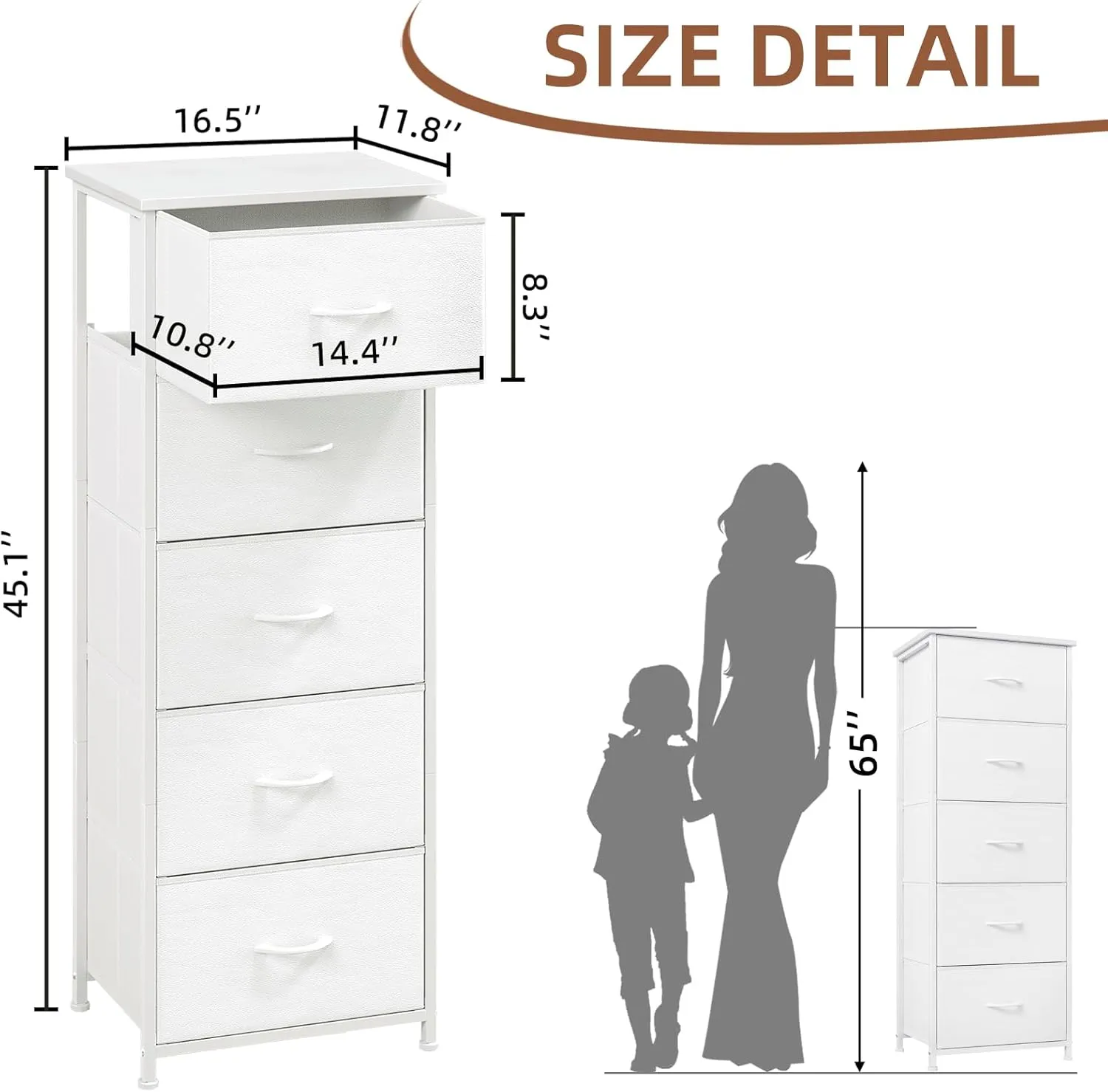 Somdot Tall Dresser for Bedroom with 5 Drawers, Storage Organizer Chest of Drawers with Removable Fabric Bins for Closet Bedside Nursery Laundry Living Room Entryway Hallway, White Leather