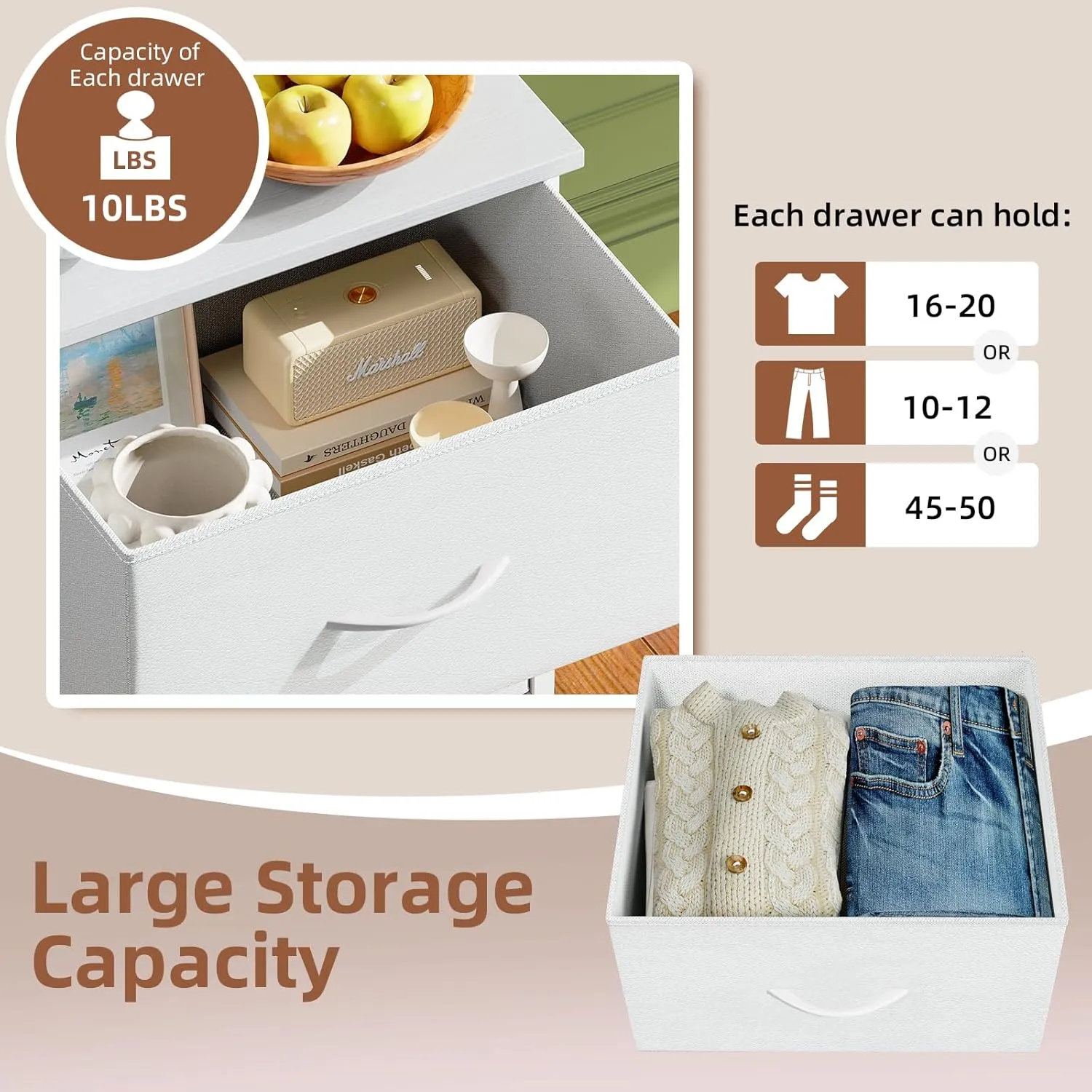 Somdot Tall Dresser for Bedroom with 5 Drawers, Storage Organizer Chest of Drawers with Removable Fabric Bins for Closet Bedside Nursery Laundry Living Room Entryway Hallway, White Leather