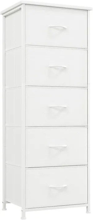Somdot Tall Dresser for Bedroom with 5 Drawers, Storage Organizer Chest of Drawers with Removable Fabric Bins for Closet Bedside Nursery Laundry Living Room Entryway Hallway, White Leather