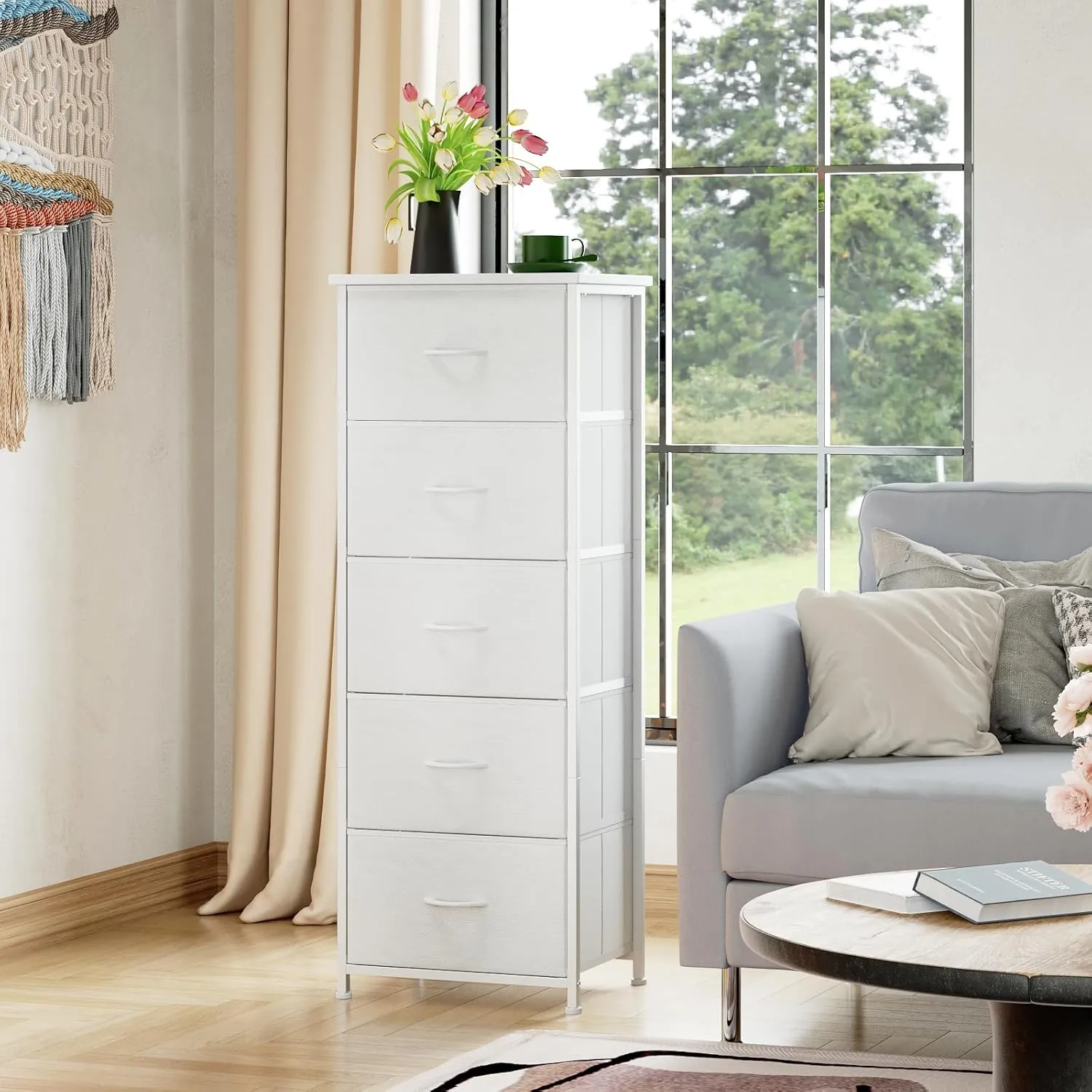 Somdot Tall Dresser for Bedroom with 5 Drawers, Storage Organizer Chest of Drawers with Removable Fabric Bins for Closet Bedside Nursery Laundry Living Room Entryway Hallway, White Leather