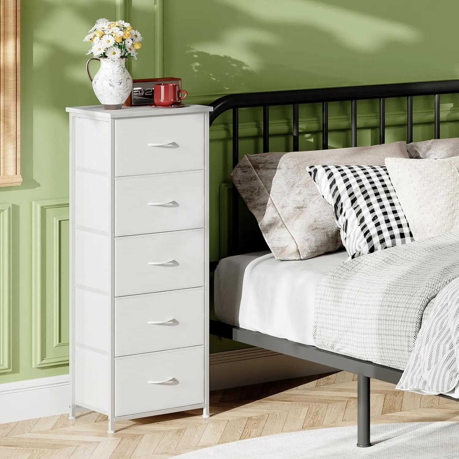 Somdot Tall Dresser for Bedroom with 5 Drawers, Storage Organizer Chest of Drawers with Removable Fabric Bins for Closet Bedside Nursery Laundry Living Room Entryway Hallway, White Leather