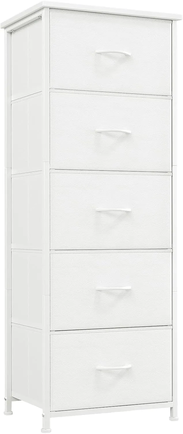 Somdot Tall Dresser for Bedroom with 5 Drawers, Storage Organizer Chest of Drawers with Removable Fabric Bins for Closet Bedside Nursery Laundry Living Room Entryway Hallway, White Leather