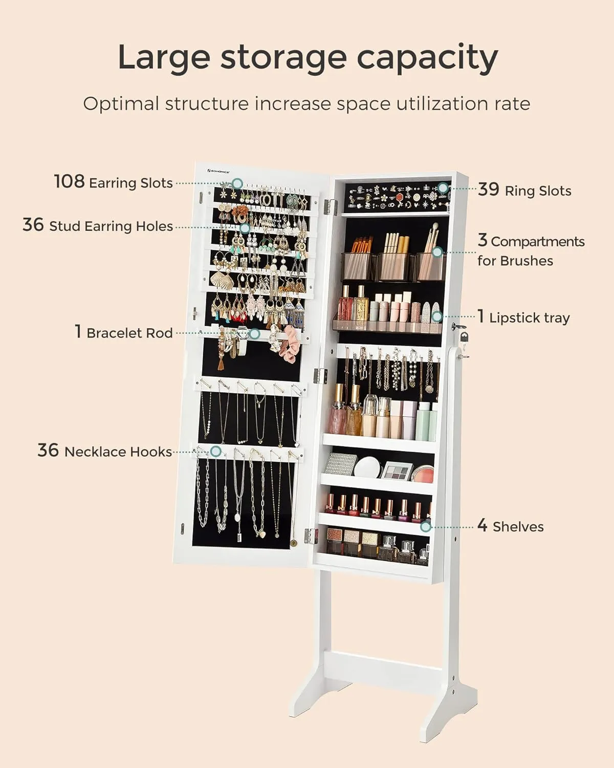 SONGMICS Jewelry Cabinet Armoire, Freestanding Lockable Storage Organizer Unit with 2 Plastic Cosmetic Storage, Full-Length Frameless Mirror, for Necklace Earring, White UJJC002W01