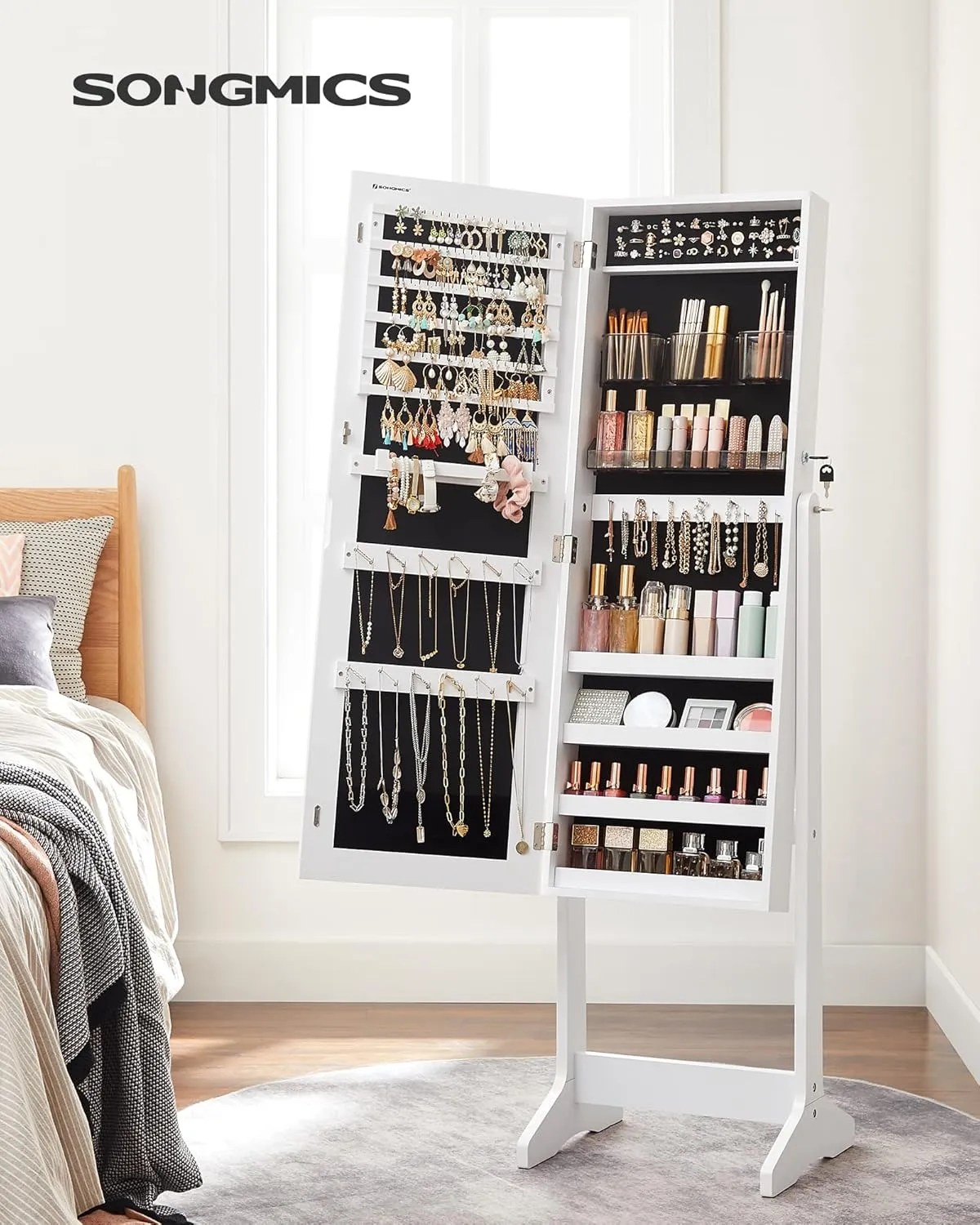 SONGMICS Jewelry Cabinet Armoire, Freestanding Lockable Storage Organizer Unit with 2 Plastic Cosmetic Storage, Full-Length Frameless Mirror, for Necklace Earring, White UJJC002W01