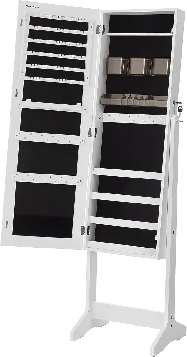 SONGMICS Jewelry Cabinet Armoire, Freestanding Lockable Storage Organizer Unit with 2 Plastic Cosmetic Storage, Full-Length Frameless Mirror, for Necklace Earring, White UJJC002W01