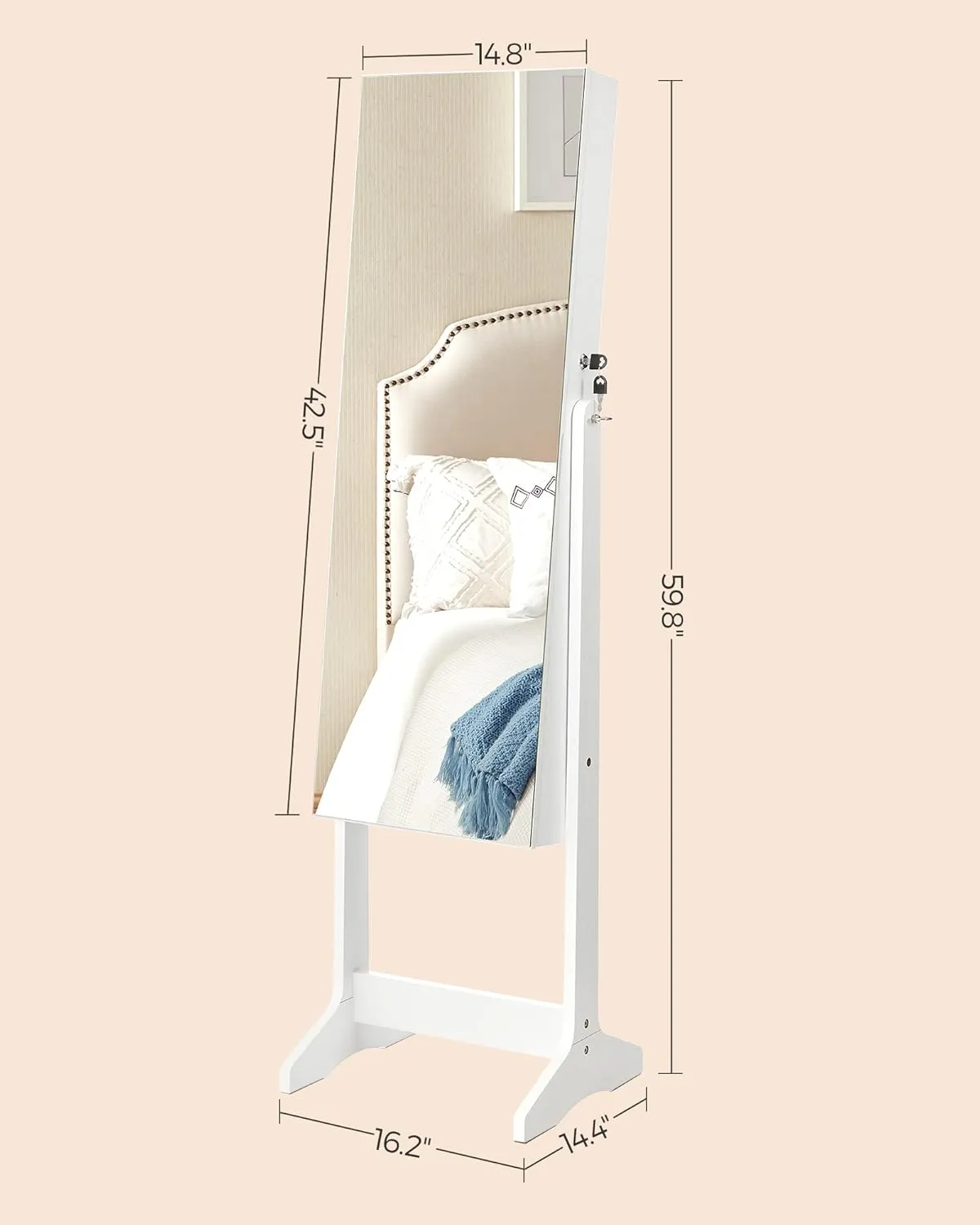 SONGMICS Jewelry Cabinet Armoire, Freestanding Lockable Storage Organizer Unit with 2 Plastic Cosmetic Storage, Full-Length Frameless Mirror, for Necklace Earring, White UJJC002W01