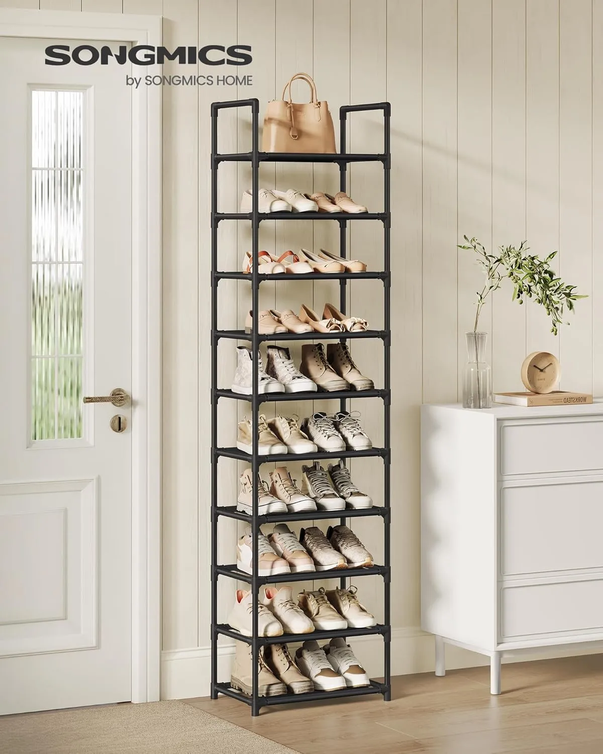 SONGMICS Shoe Rack, 10 Tier Shoe Shelf, Shoe Storage Organizer, Space-Saving, 11 x 17.7 x 68.1 Inches, Metal Frame, Non-Woven Fabric Shelves, for Entryway, Bedroom, Black ULSH010B02