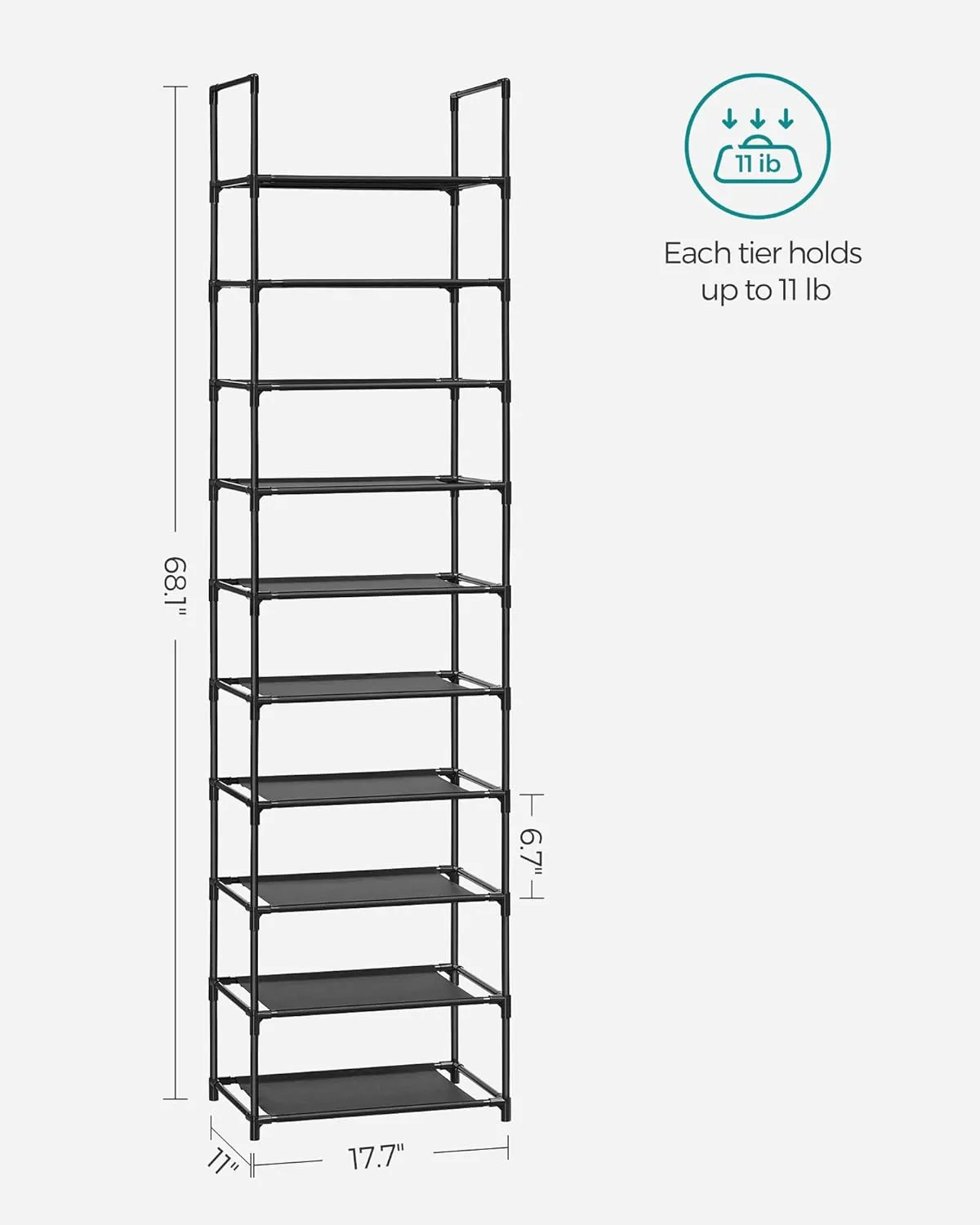 SONGMICS Shoe Rack, 10 Tier Shoe Shelf, Shoe Storage Organizer, Space-Saving, 11 x 17.7 x 68.1 Inches, Metal Frame, Non-Woven Fabric Shelves, for Entryway, Bedroom, Black ULSH010B02