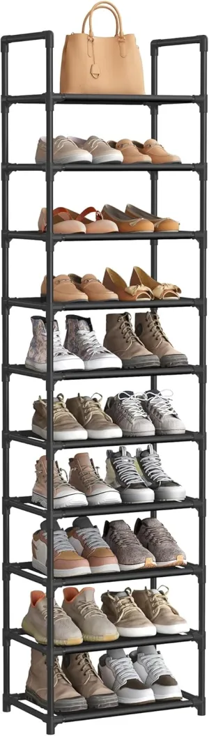 SONGMICS Shoe Rack, 10 Tier Shoe Shelf, Shoe Storage Organizer, Space-Saving, 11 x 17.7 x 68.1 Inches, Metal Frame, Non-Woven Fabric Shelves, for Entryway, Bedroom, Black ULSH010B02