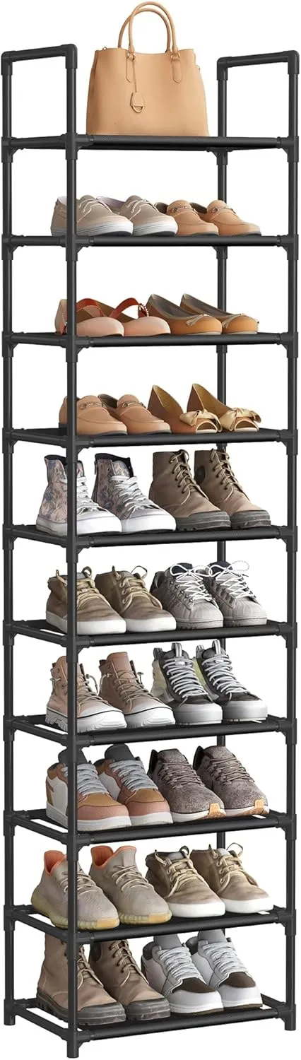SONGMICS Shoe Rack, 10 Tier Shoe Shelf, Shoe Storage Organizer, Space-Saving, 11 x 17.7 x 68.1 Inches, Metal Frame, Non-Woven Fabric Shelves, for Entryway, Bedroom, Black ULSH010B02