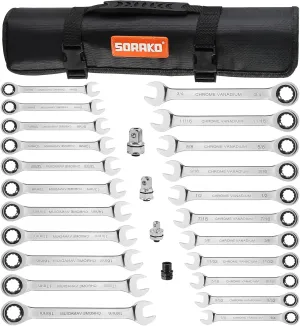 SORAKO Ratcheting Combination Wrench Set, 22 Piece SAE Metric Ratchet Wrench Kit with Bit&Socket Adapter, 1/4″ - 3/4″, 6-18mm, Chrome Vanadium Steel Wrench Set with Carrying Bag