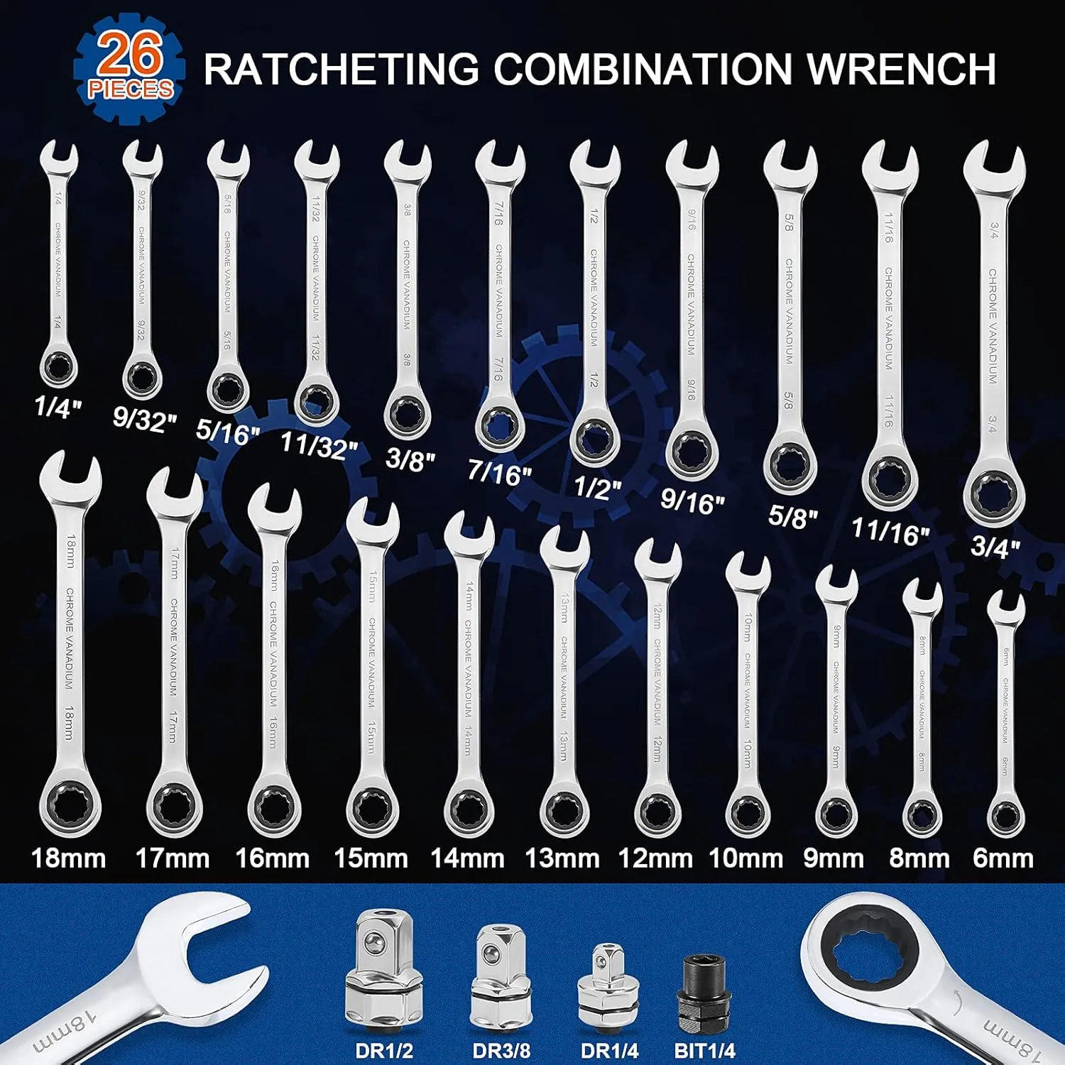 SORAKO Ratcheting Combination Wrench Set, 22 Piece SAE Metric Ratchet Wrench Kit with Bit&Socket Adapter, 1/4″ - 3/4″, 6-18mm, Chrome Vanadium Steel Wrench Set with Carrying Bag