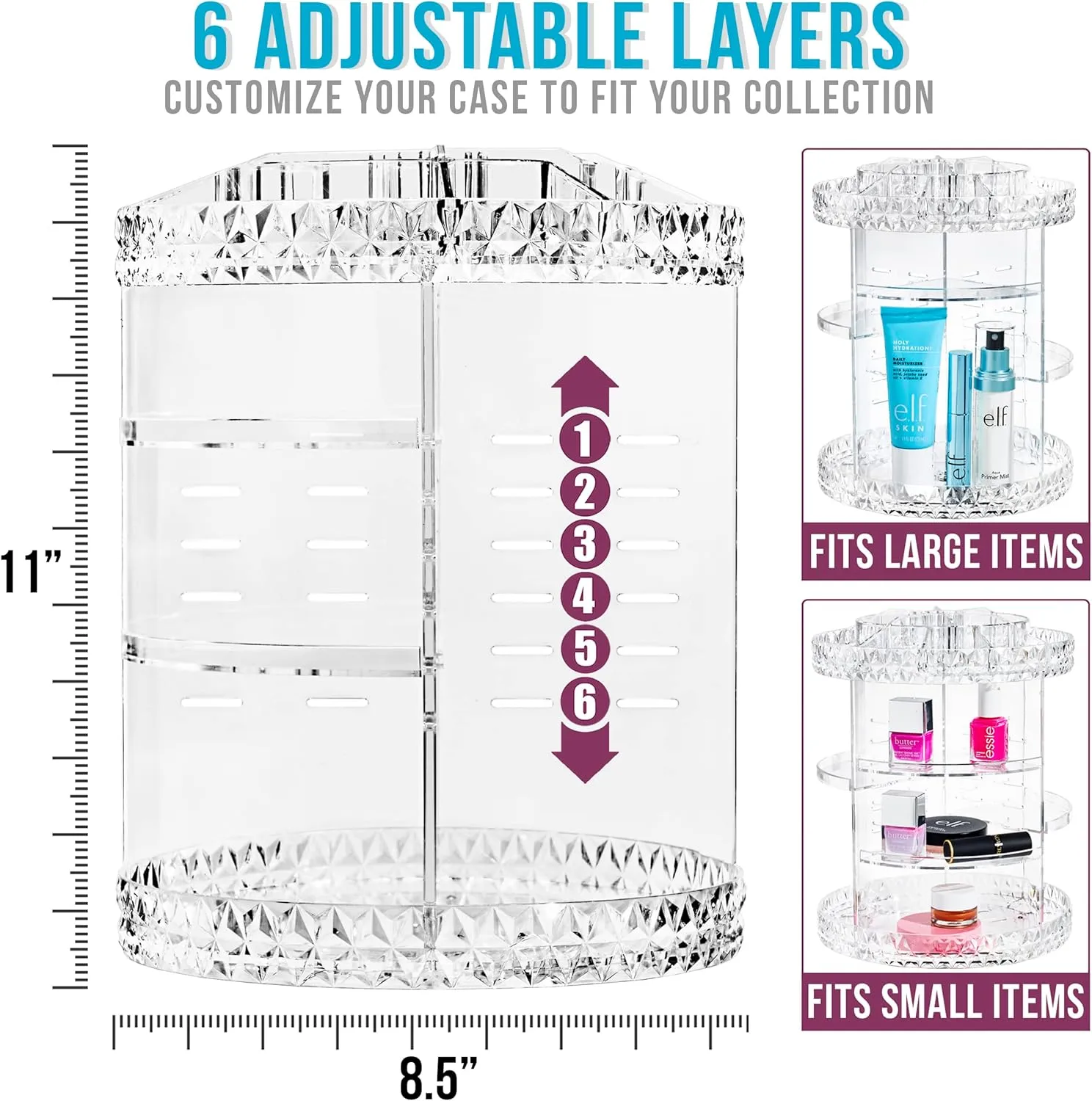 Sorbus 360 Rotating Makeup Organizer - Spinning cosmetics organizer, Adjustable Shelves for Make Up, Perfume & Toiletries - Acrylic Makeup Organizer for Vanity, Bathroom, Bedroom, Closet [Clear]