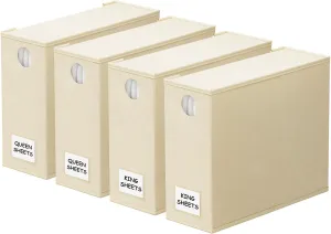 SpaceAid 4 Pack Bed Sheet Organizers and Storage, Foldable Sheet Organizer for Linen Closet, Sheets Set Folder Keeper with Window XL (Queen & King Size) Organizing Bedding Container, Beige