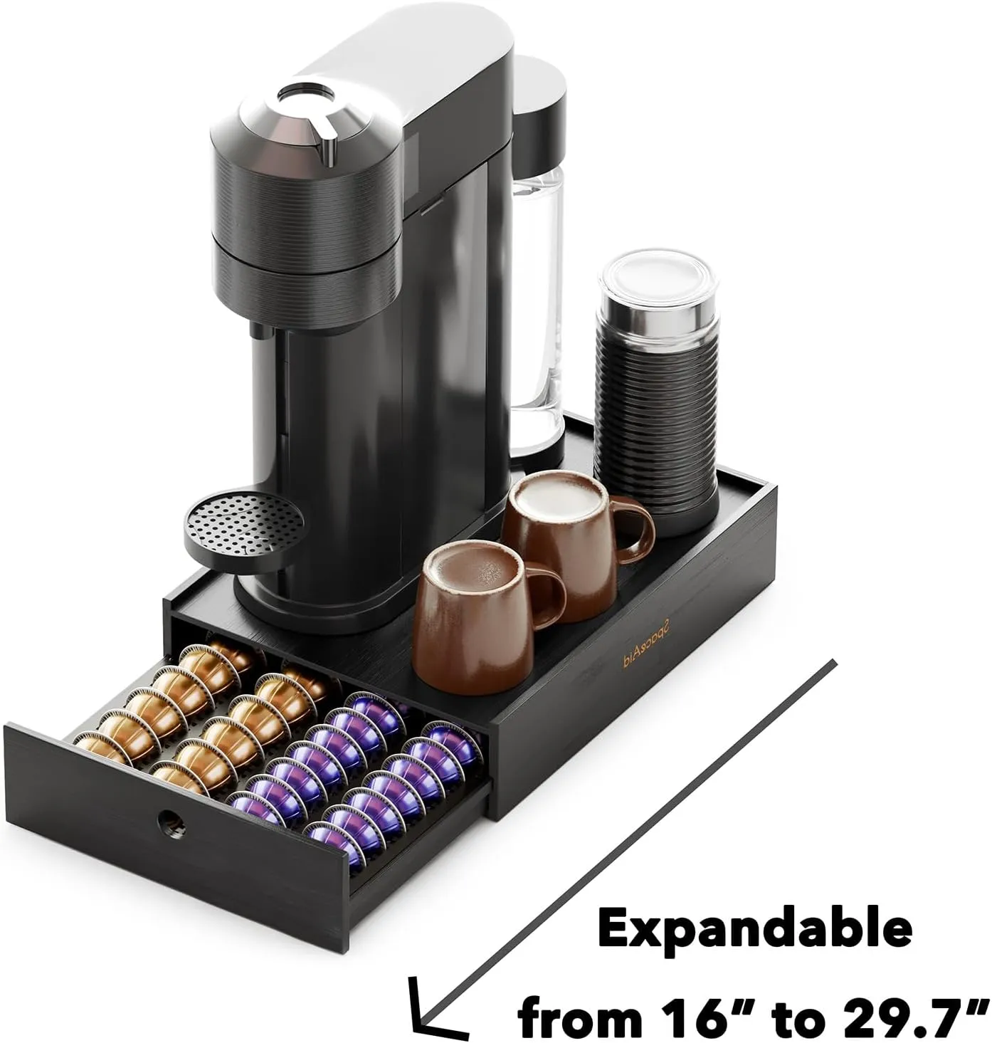SpaceAid Bamboo Coffee Pod Holder Drawer Storage for Nespresso Vertuo Capsule, Pods Holder Organizer Tray for Nespresso Vertuo Holders, Compatible with 40 Big or 56 Small Vertuoline Pods (Black)