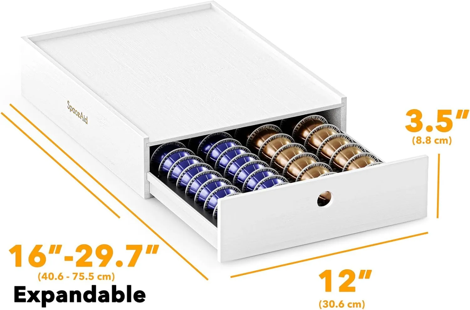 SpaceAid Bamboo Coffee Pod Holder Drawer Storage for Nespresso Vertuo Capsule, Pods Holder Organizer Tray for Nespresso Vertuo Holders, Compatible with 40 Big or 56 Small Vertuoline Pods (White)