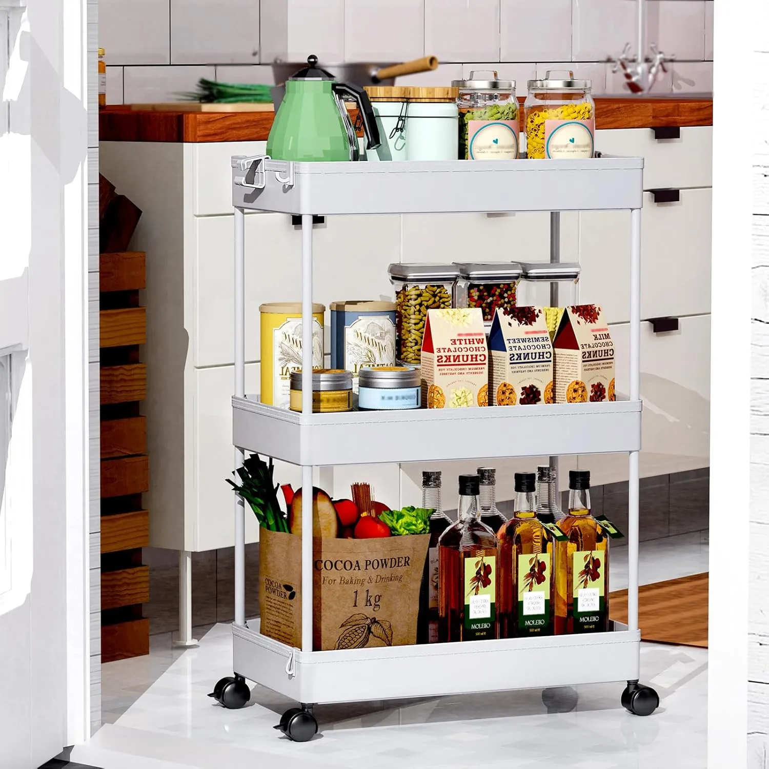 SPACEKEEPER Rolling Storage Cart 3 Tier Bathroom Cart Organizers with Wheels Laundry Room Organization Mobile Shelving Unit Utility Cart Storage Shelves Multi-Functional for Office, Home, Gray