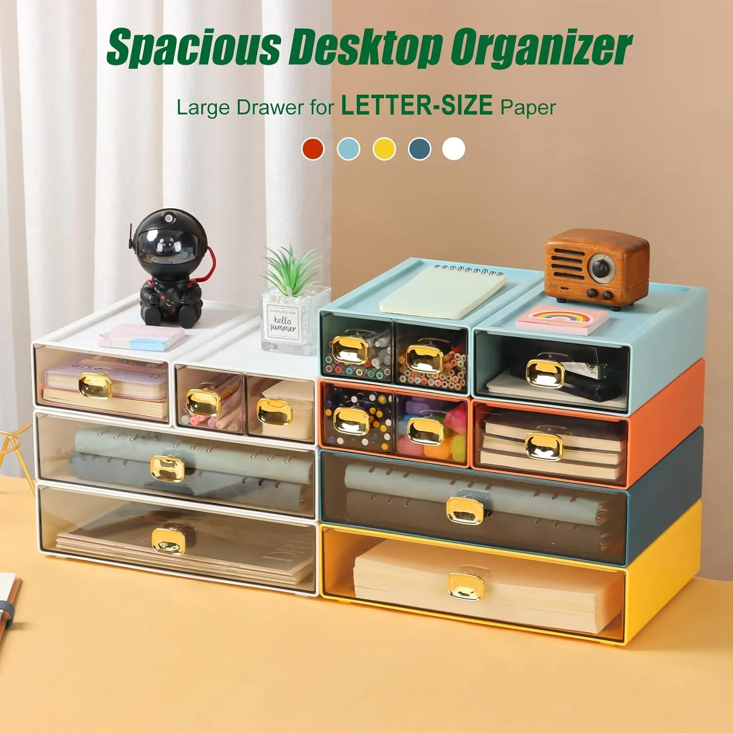 Spacious Desktop Storage Box, 1 Large Storage Drawer, Stackable Office Desk Drawer Organizer and Accessories, Printer Paper Organizer, Yellow Plastic Drawers for Workspace & Home