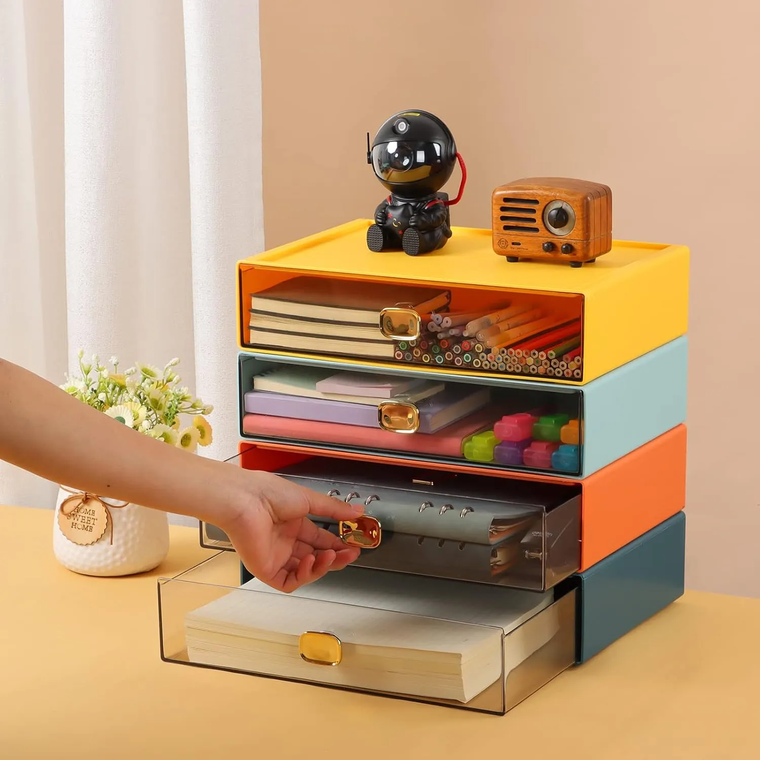 Spacious Desktop Storage Box, 1 Large Storage Drawer, Stackable Office Desk Drawer Organizer and Accessories, Printer Paper Organizer, Yellow Plastic Drawers for Workspace & Home