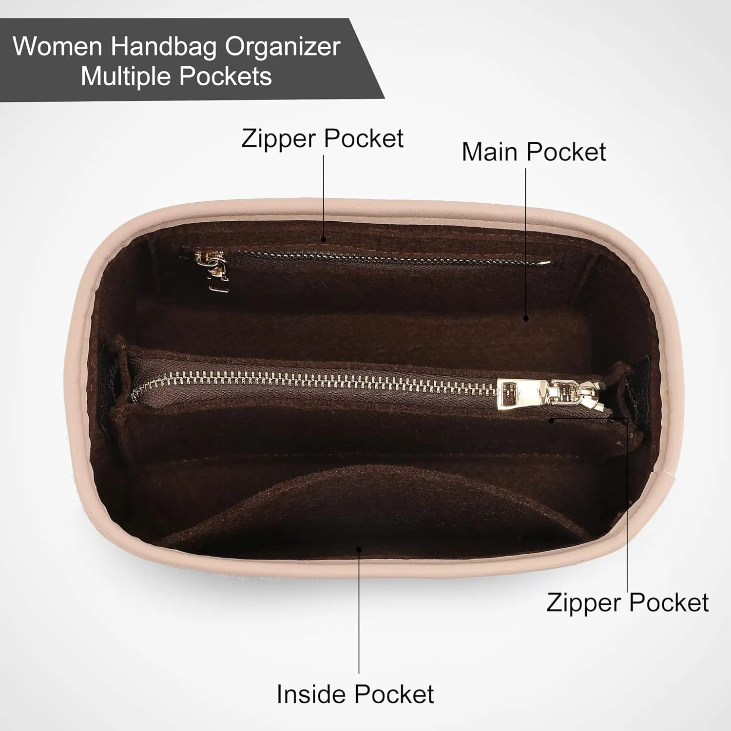 Speedy 20 Alma BB Felt Organizer Insert, Purse Organizer Insert for Handbags with Zipper Pocket and Bag in Bag (Brown, Small)