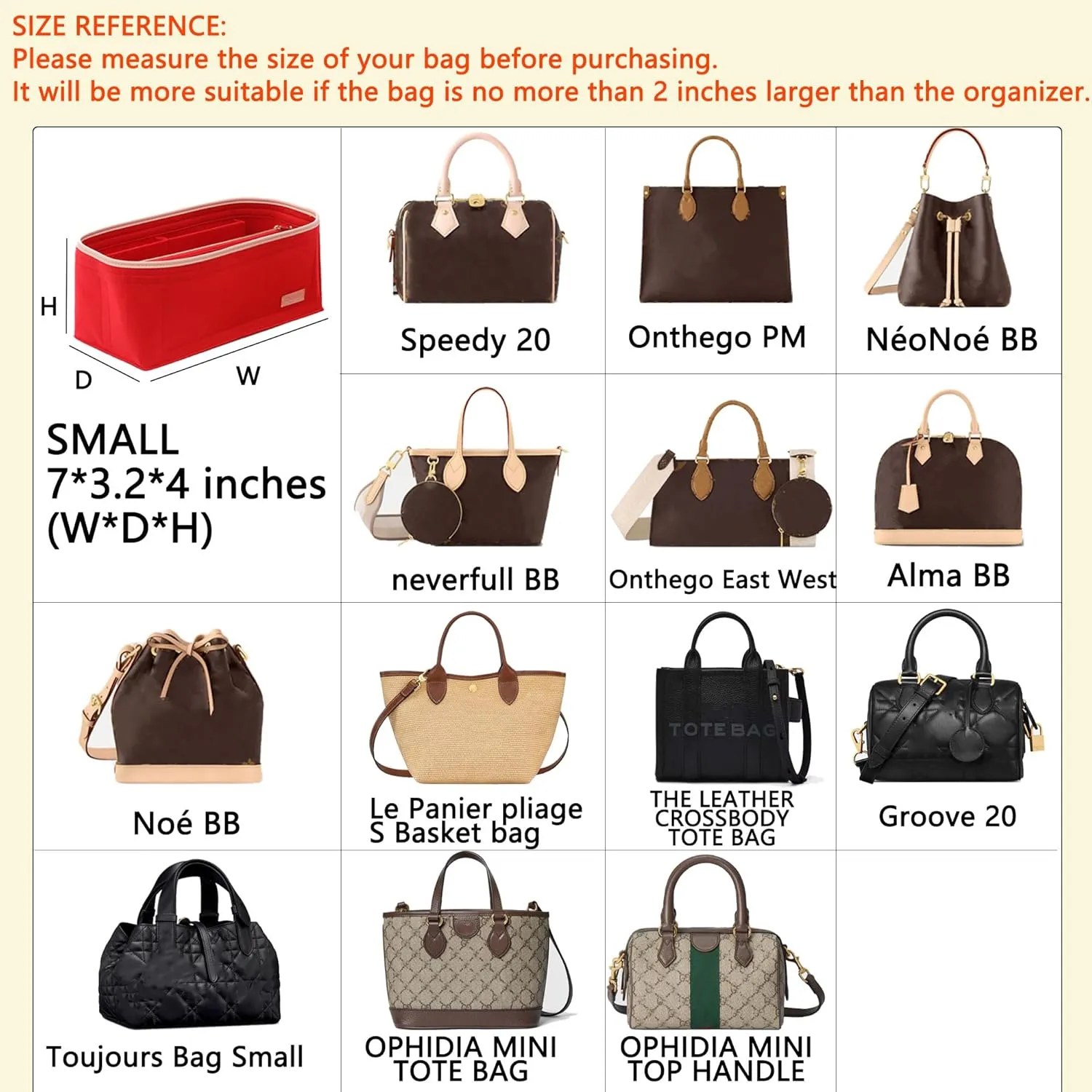 Speedy 20 Alma BB Felt Organizer Insert, Purse Organizer Insert for Handbags with Zipper Pocket and Bag in Bag (Brown, Small)