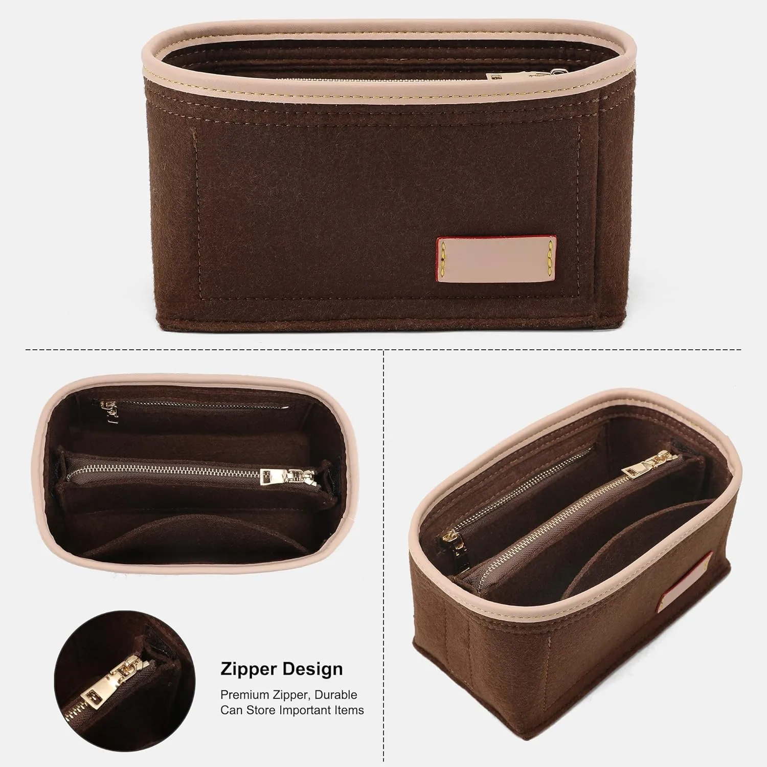 Speedy 20 Alma BB Felt Organizer Insert, Purse Organizer Insert for Handbags with Zipper Pocket and Bag in Bag (Brown, Small)