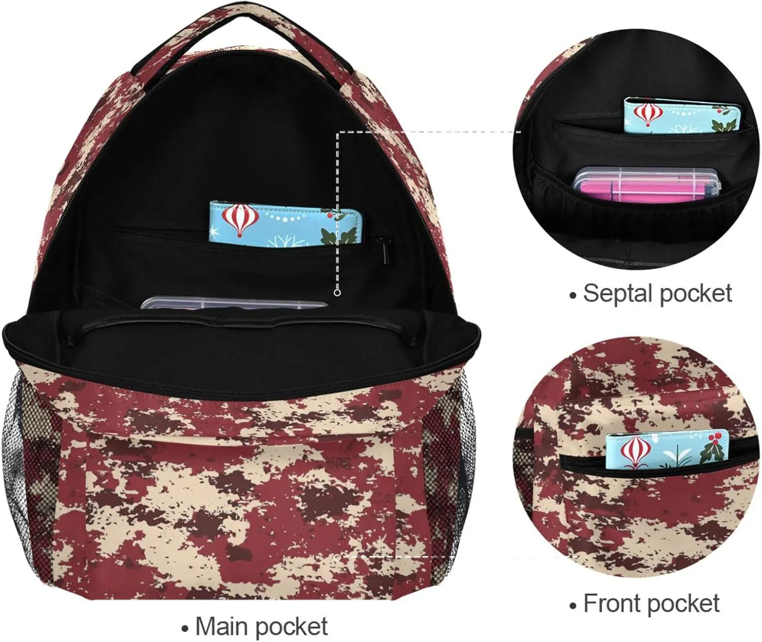 Sport Backpack for Men and Women Waterproof School Bag with Chest Strap Gift Men & Women Camouflage Burgundy