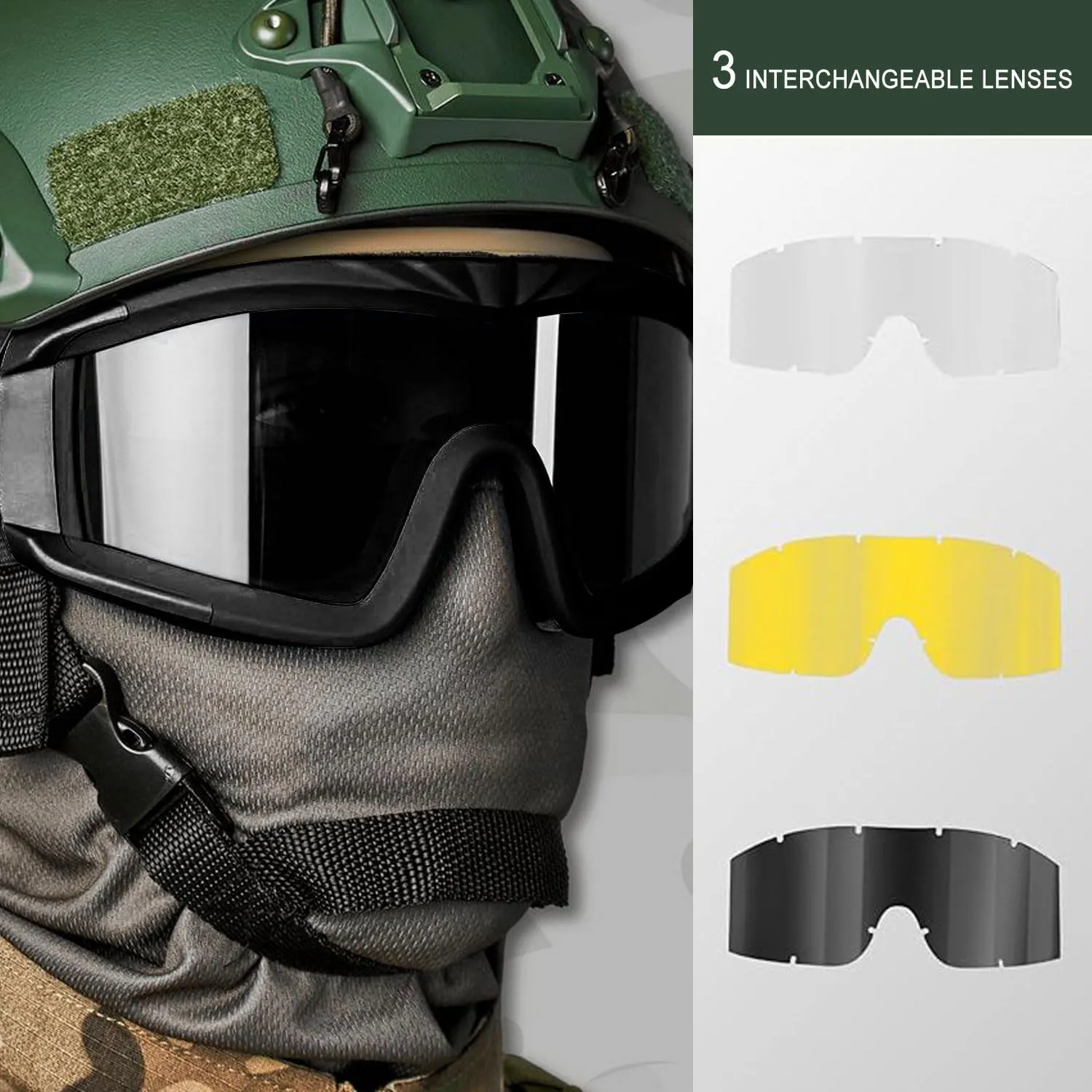 SPOSUNE Airsoft Goggles Anti Fog Army Tactical Goggles with 3 Interchangeable Lens UV400 Protection Airsoft Desert Goggles