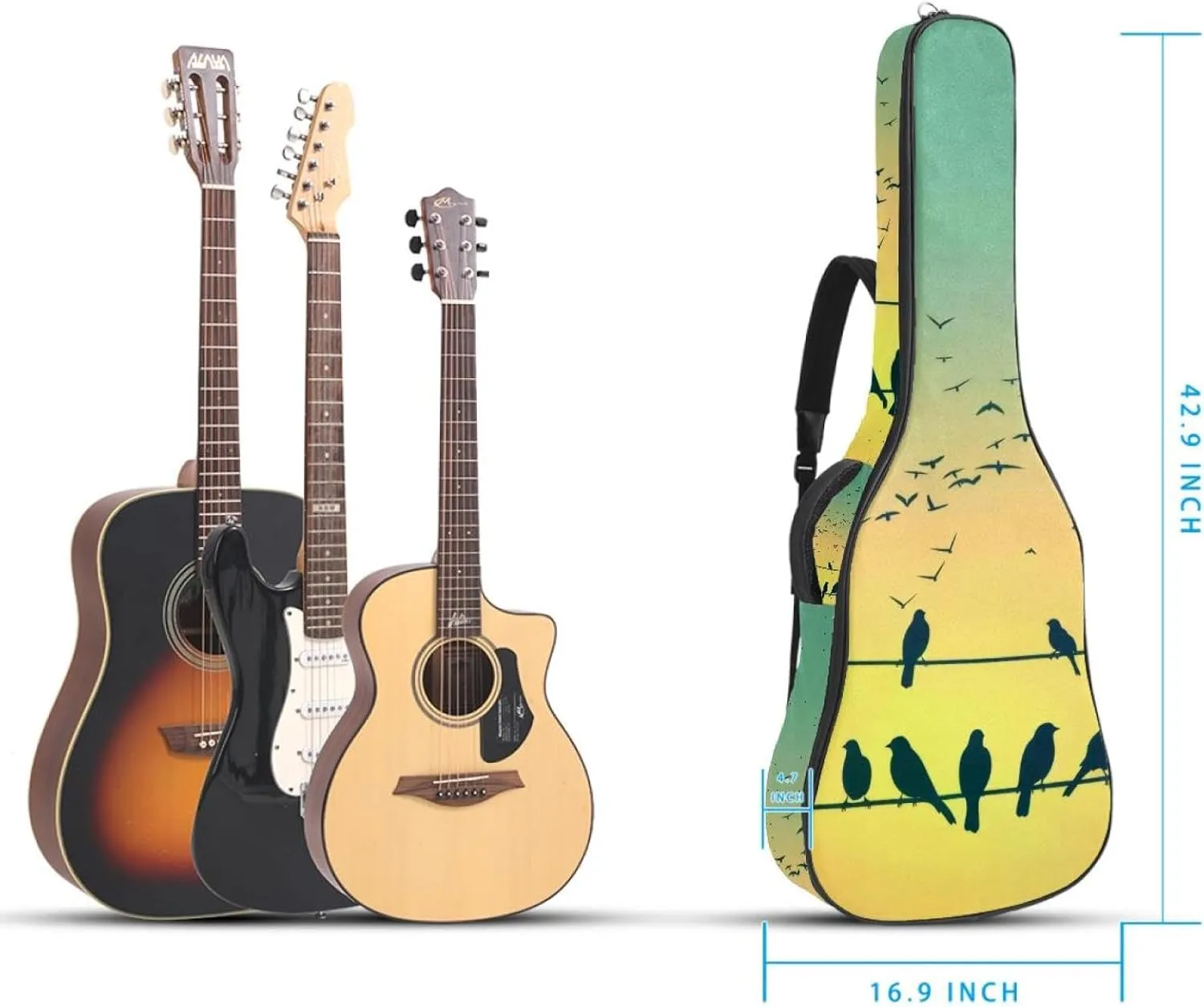 Spring Nature Sparrow Birds Silhouettes Acoustic Guitar Bag, Guitar Case Gig Bag 40 41 42 inch with Dual Adjustable Shoulder Strap and Back Hanger Loop