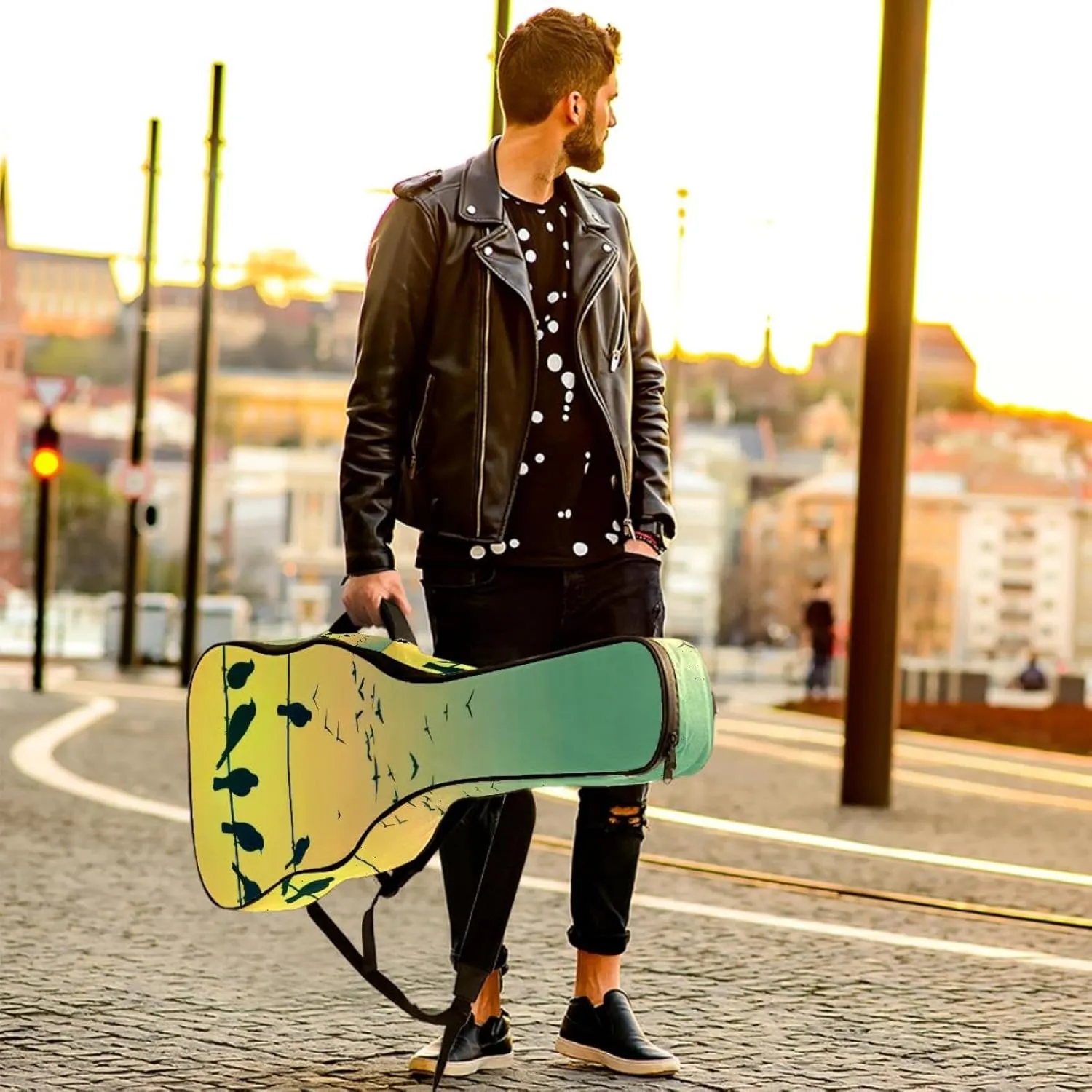 Spring Nature Sparrow Birds Silhouettes Acoustic Guitar Bag, Guitar Case Gig Bag 40 41 42 inch with Dual Adjustable Shoulder Strap and Back Hanger Loop