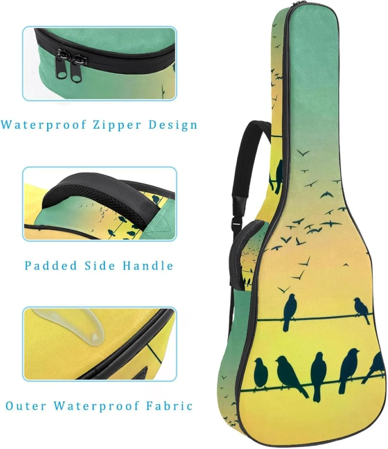 Spring Nature Sparrow Birds Silhouettes Acoustic Guitar Bag, Guitar Case Gig Bag 40 41 42 inch with Dual Adjustable Shoulder Strap and Back Hanger Loop