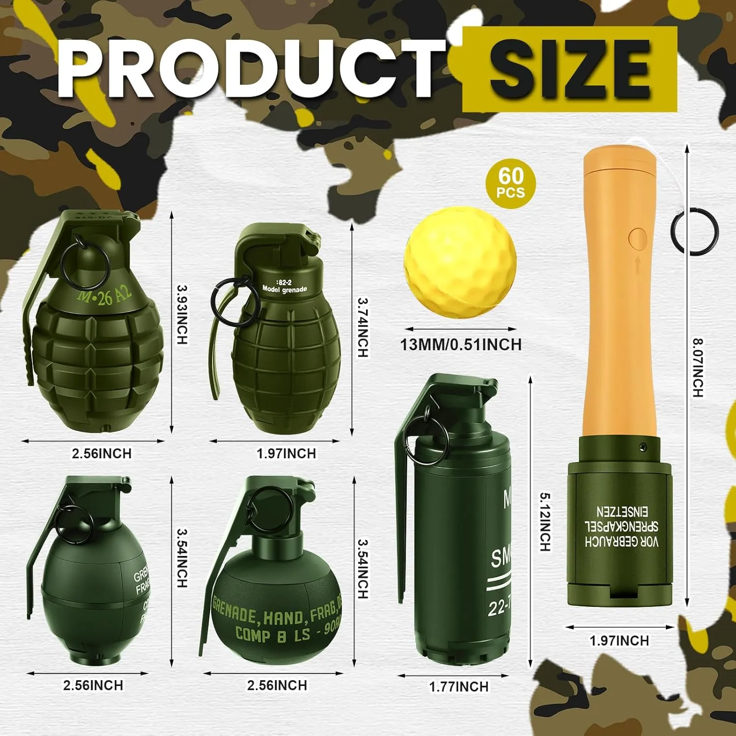 Sratte 6 Pcs Toy Hand Grenade for Tactical Game with 60 Foam Ammo Fun Impact Pull Ring Grenade Toys for Adults Outdoor Sports(Green)