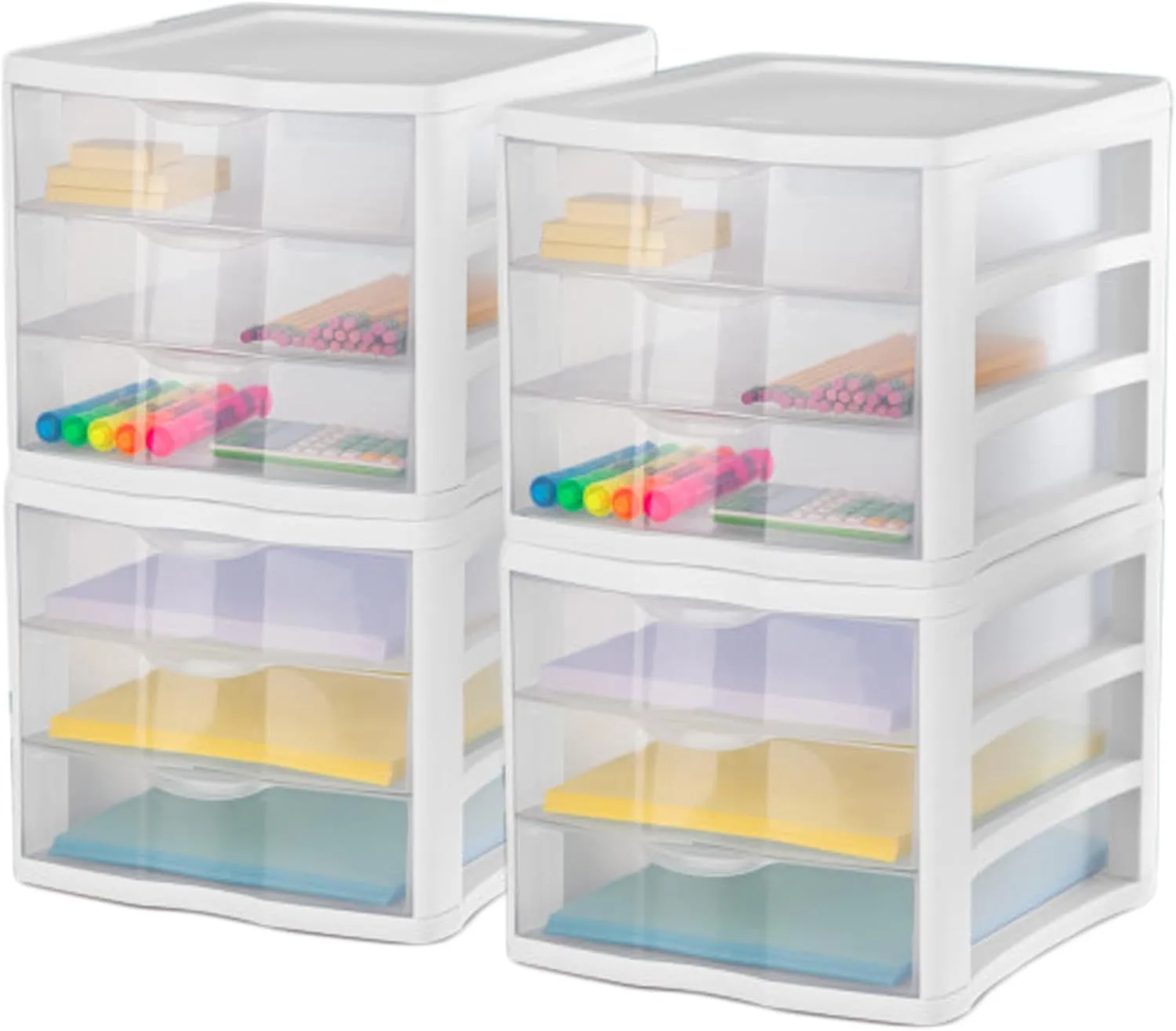 Sterilite 4-Pack Storage Organizer System for Home, Office or Dorm, 3-Drawer, White/Clear