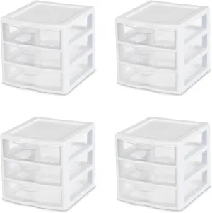 Sterilite 4-Pack Storage Organizer System for Home, Office or Dorm, 3-Drawer, White/Clear