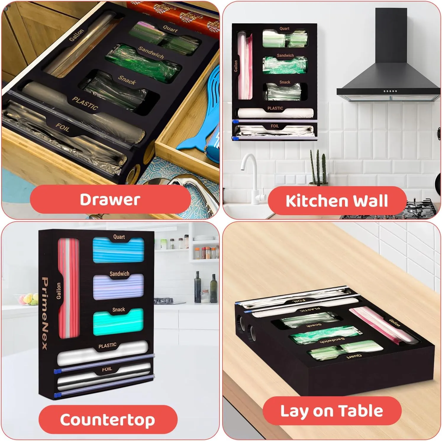 Storage Bag organizer, 6 in 1 Foil and Plastic Wrap Dispenser with Cutter, Bamboo Kitchen Drawer Organizer Food Bag Organizer for Gallon, Quart, Sandwich, Snack Bags (Black)