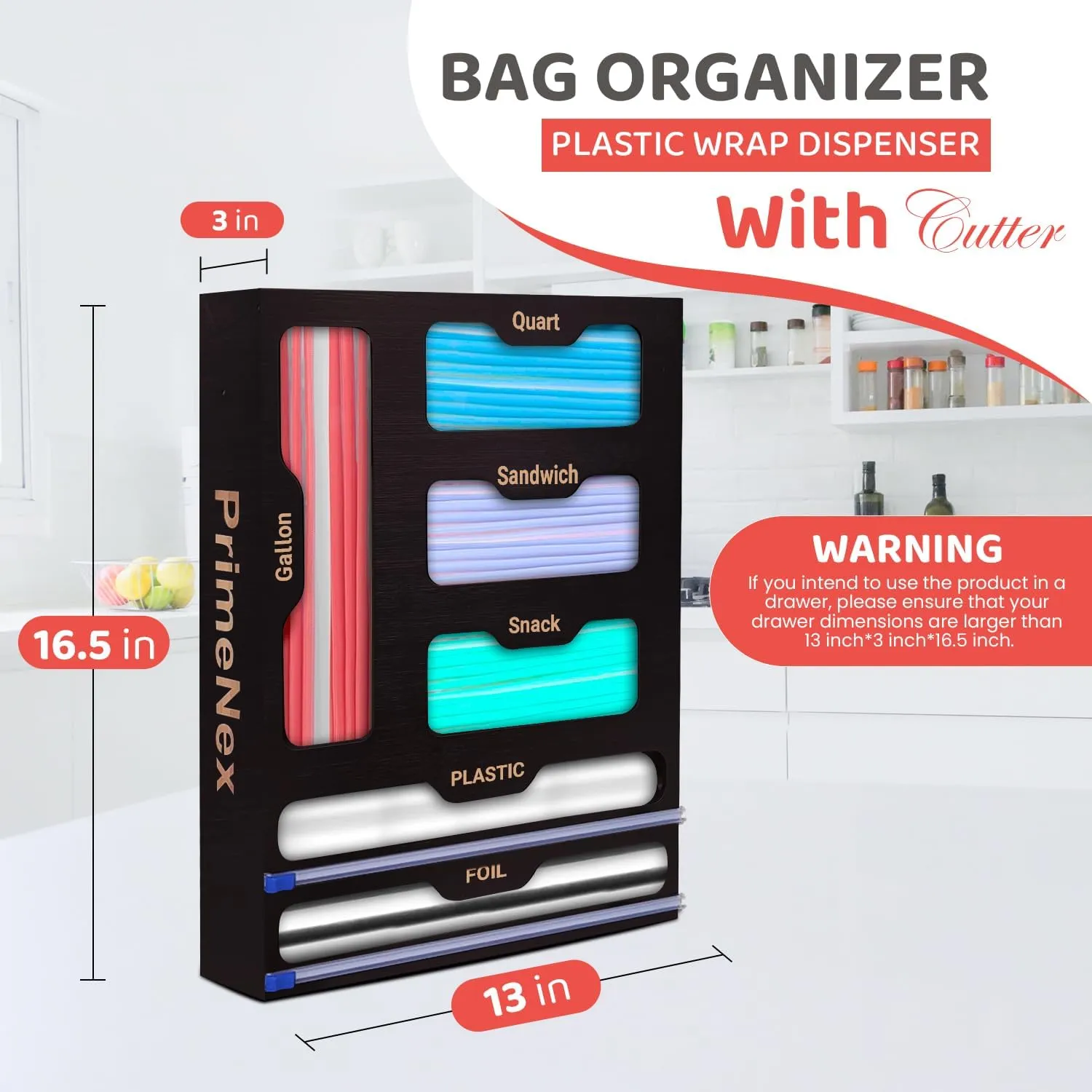 Storage Bag organizer, 6 in 1 Foil and Plastic Wrap Dispenser with Cutter, Bamboo Kitchen Drawer Organizer Food Bag Organizer for Gallon, Quart, Sandwich, Snack Bags (Black)